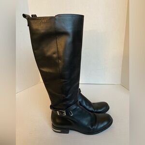 Michael Kors Riding Boots Black Leather Knee High Tall Womens Silver Buckles 7M